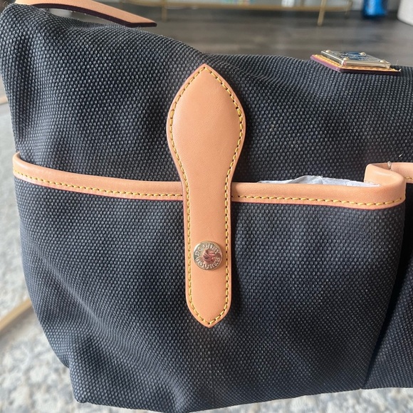NWT Dooney and Bourke Florentine Vacchetta 2 pocket Canvas Bag, Black and Tan - Picture 3 of 11
